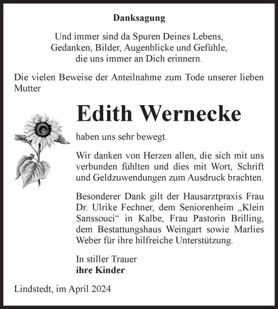 Traueranzeige von Edith Wernecke von Volksstimme Altmark West