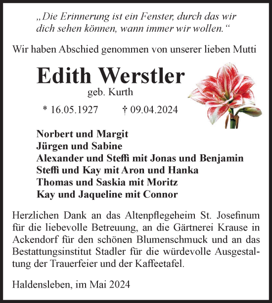 Traueranzeige von Edith Werstler von Volksstimme Haldensleben/Wolmirstedt