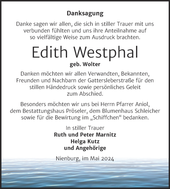 Traueranzeige von Edith Westphal von Trauerkombi Bitterfeld