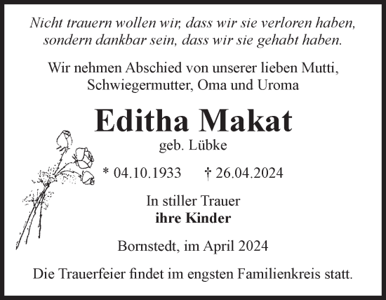 Traueranzeige von Editha Makat von Volksstimme Haldensleben/Wolmirstedt