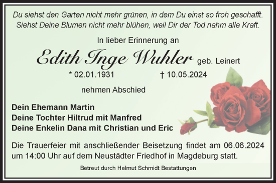 Traueranzeige von Edith Inge Wuhler von Volksstimme Magdeburg