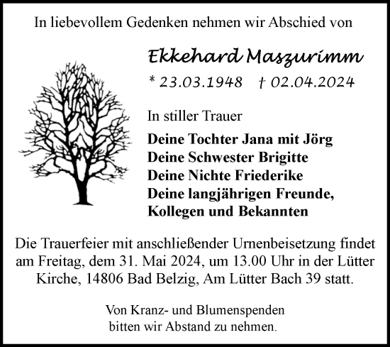 Traueranzeige von Ekkehard Maszurimm von Volksstimme Magdeburg