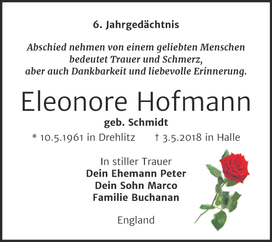 Traueranzeige von Eleonore Hofmann von Mitteldeutsche Zeitung Halle/Saalkreis