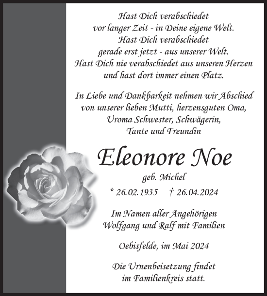 Traueranzeige von Eleonore Noe von Volksstimme Altmark West