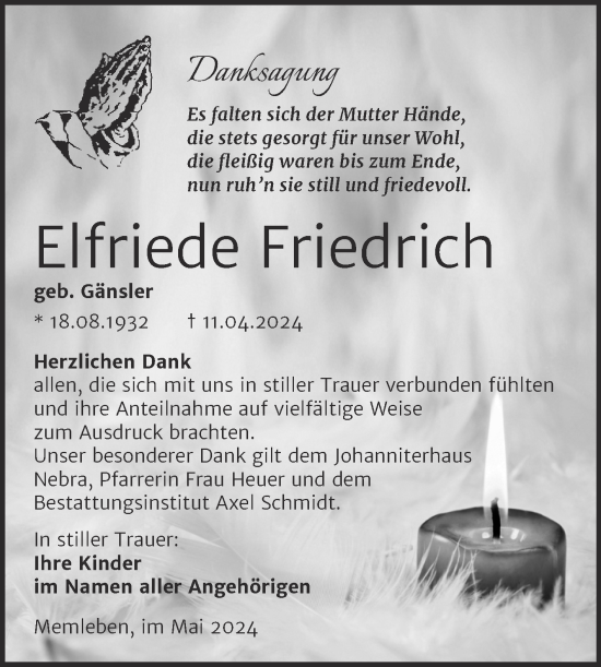 Traueranzeige von Elfriede Friedrich von Super Sonntag Naumburg/Nebra