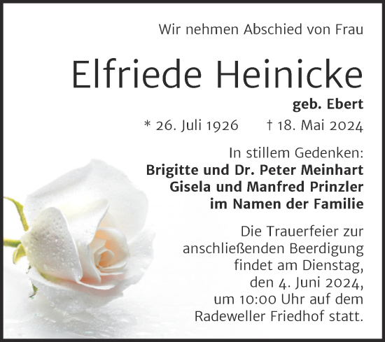 Traueranzeige von Elfriede Heinicke von Mitteldeutsche Zeitung Halle/Saalkreis