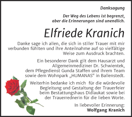 Traueranzeige von Elfriede Kranich von Trauerkombi Quedlinburg
