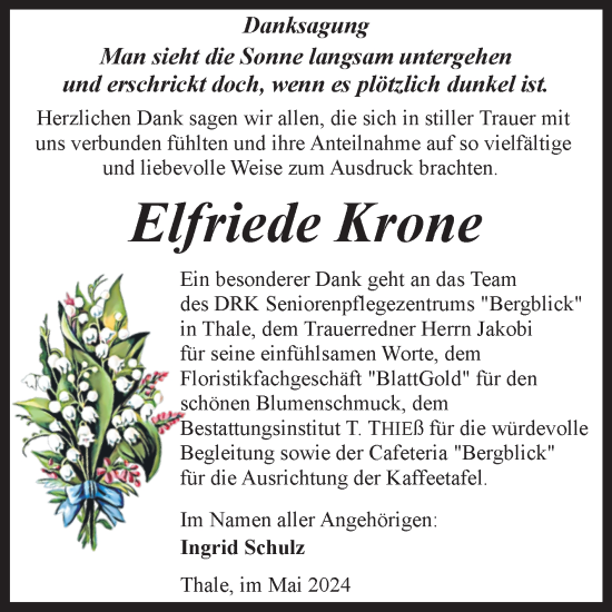 Traueranzeige von Elfriede Krone von Trauerkombi Quedlinburg