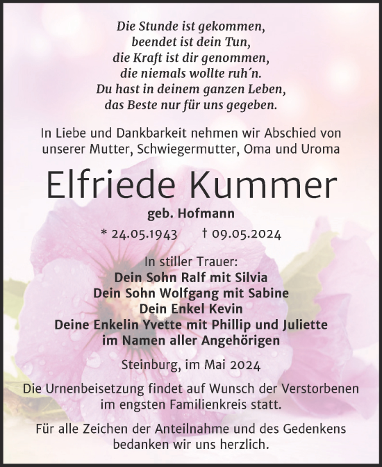 Traueranzeige von Elfriede Kummer von Super Sonntag Naumburg/Nebra