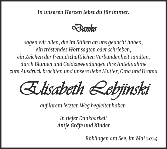 Traueranzeige von Elisabeth Lebjinski von Mitteldeutsche Zeitung Mansfelder Land