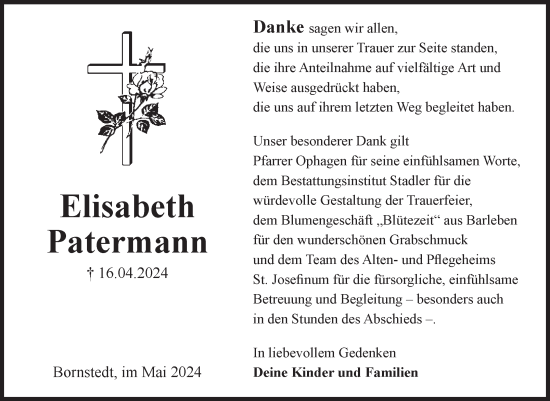 Traueranzeige von Elisabeth Patermann von Volksstimme Haldensleben/Wolmirstedt