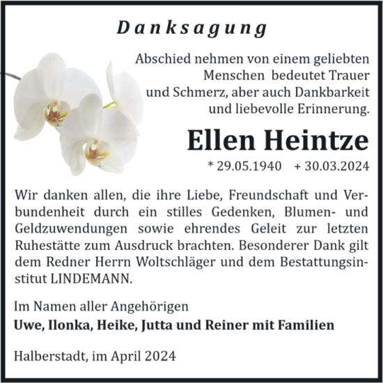 Traueranzeige von Ellen Heintze von Volksstimme Halberstadt