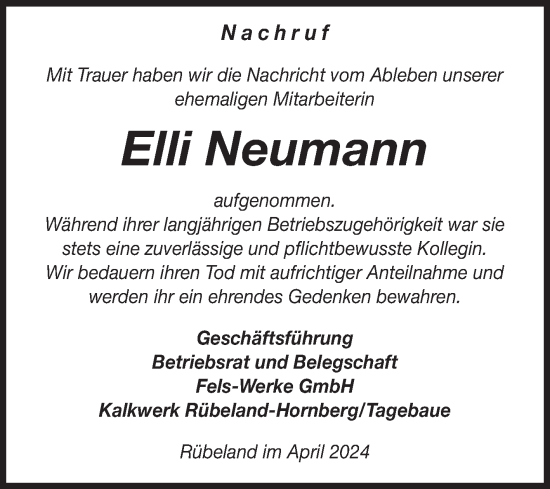 Traueranzeige von Elli Neumann von Volksstimme Wernigerode