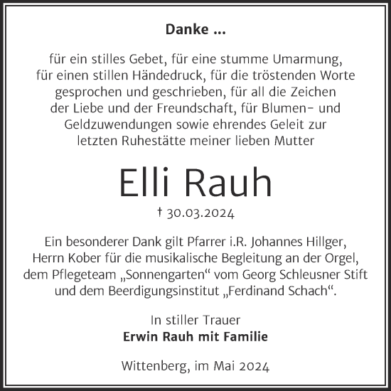 Traueranzeige von Elli Rauh von Trauerkombi Wittenberg