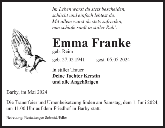 Traueranzeige von Emma Franke von Volksstimme Schönebeck