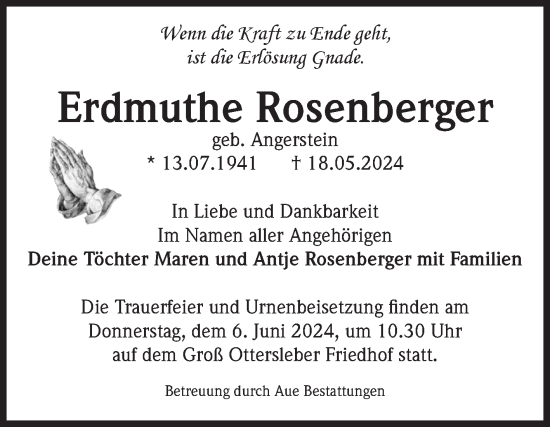 Traueranzeige von Erdmuthe Rosenberger von Volksstimme Magdeburg