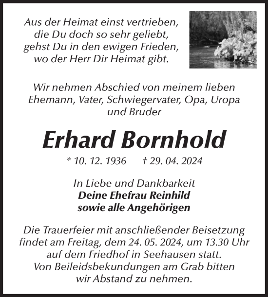 Traueranzeige von Erhard Bornhold von Volksstimme Altmark Ost