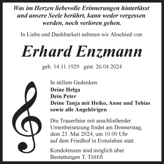 Traueranzeige von Erhard Enzmann von Trauerkombi Quedlinburg