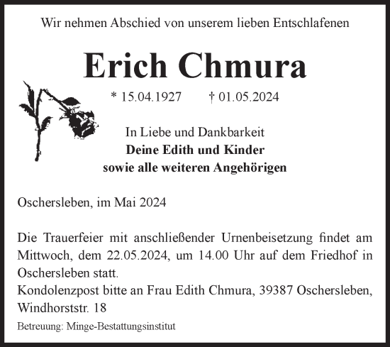 Traueranzeige von Erich Chmura von Volksstimme Oschersleben/Wanzleben