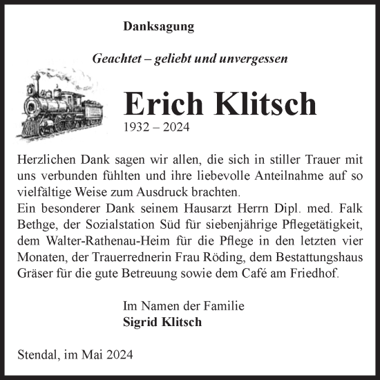 Traueranzeige von Erich Klitsch von Volksstimme Altmark Ost