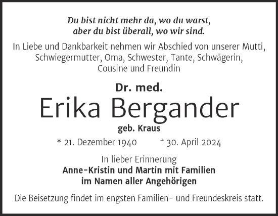 Traueranzeige von Erika Bergander 