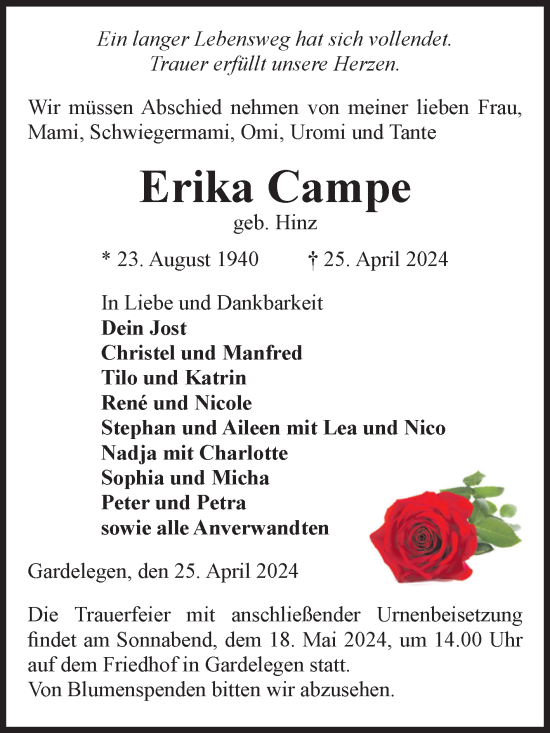 Traueranzeige von Erika Campe von Volksstimme Altmark West