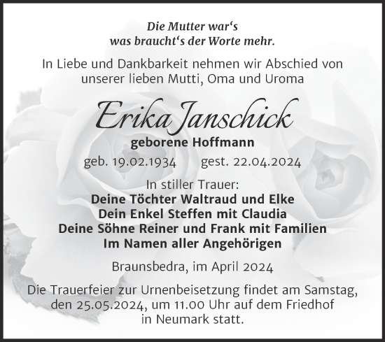 Traueranzeige von Erika Janschik von Trauerkombi Merseburg