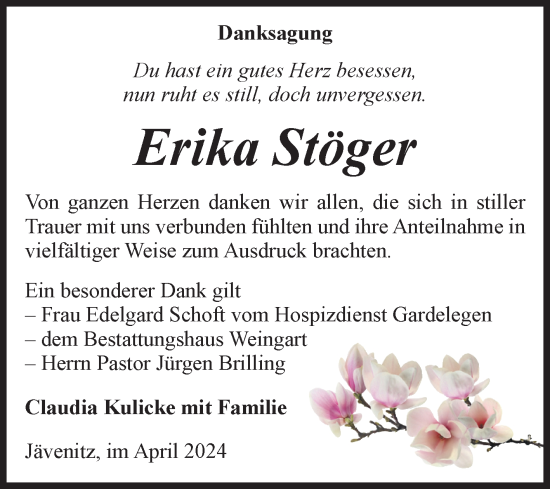 Traueranzeige von Erika Stöger von Volksstimme Altmark West