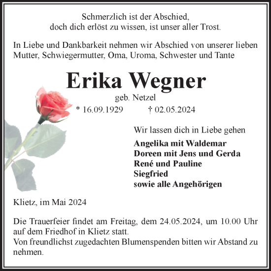 Traueranzeige von Erika Wegner von Volksstimme Altmark Ost