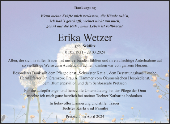 Traueranzeige von Erika Wetzer von Trauerkombi Wittenberg