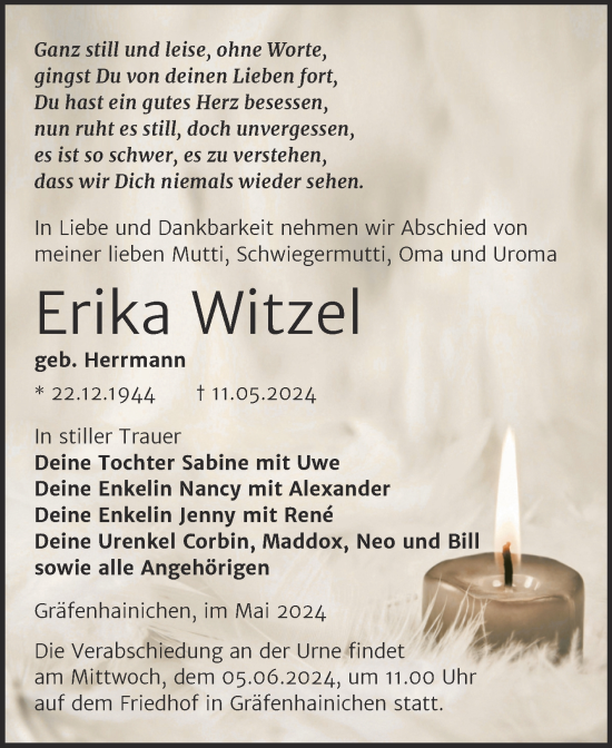 Traueranzeige von Erika Witzel von Trauerkombi Wittenberg