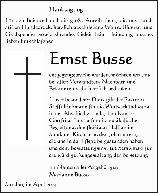 Traueranzeige von Ernst Busse von Volksstimme Altmark Ost