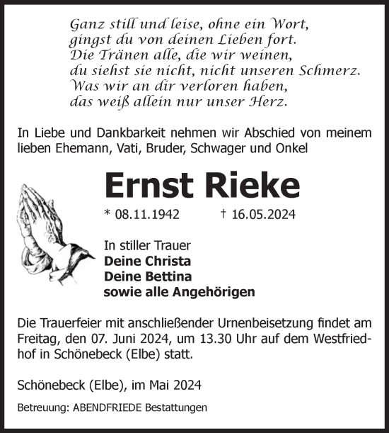 Traueranzeige von Ernst Rieke von Volksstimme Schönebeck