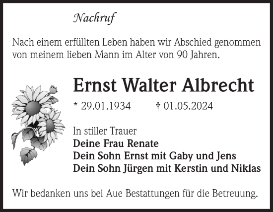 Traueranzeige von Ernst Walter Albrecht von Volksstimme Magdeburg