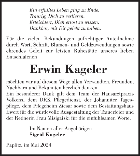 Traueranzeige von Erwin Kageler von Volksstimme Burg/Genthin