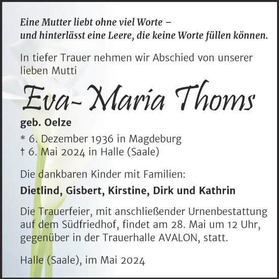 Traueranzeige von Eva-Maria Thoms von Mitteldeutsche Zeitung Halle/Saalkreis