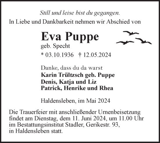 Traueranzeige von Eva Puppe von Volksstimme Haldensleben/Wolmirstedt