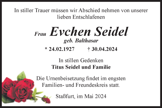Traueranzeige von Evchen Seidel von Volksstimme Staßfurt