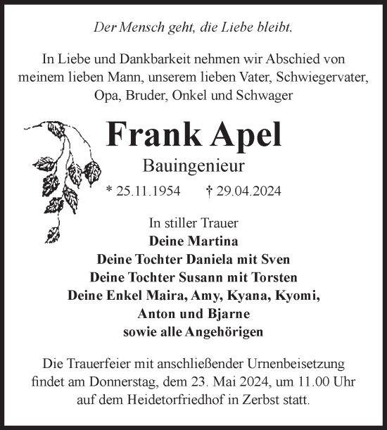 Traueranzeige von Frank Apel von Volksstimme Zerbst