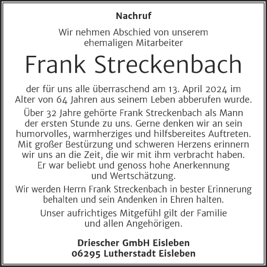Traueranzeige von Frank Streckenbach von Mitteldeutsche Zeitung Mansfelder Land