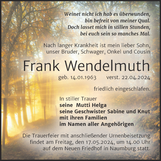 Traueranzeige von Frank Wendelmuth von Super Sonntag Naumburg/Nebra