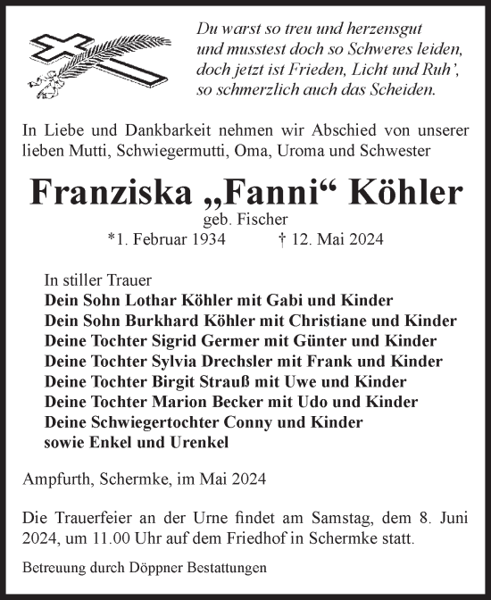 Traueranzeige von Franziska Köhler von Volksstimme Oschersleben/Wanzleben