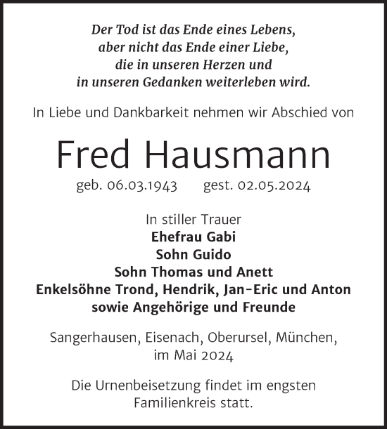 Traueranzeige von Fred Hausmann von Trauerkombi Sangerhausen