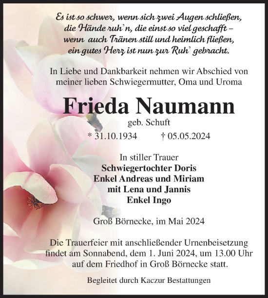 Traueranzeige von Frieda Naumann von Volksstimme Staßfurt