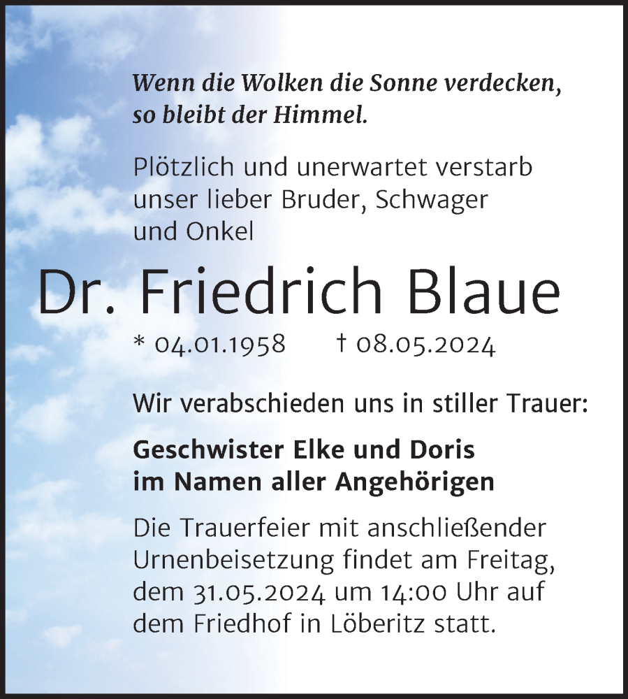  Traueranzeige für Friedrich Blaue vom 18.05.2024 aus Trauerkombi Bitterfeld