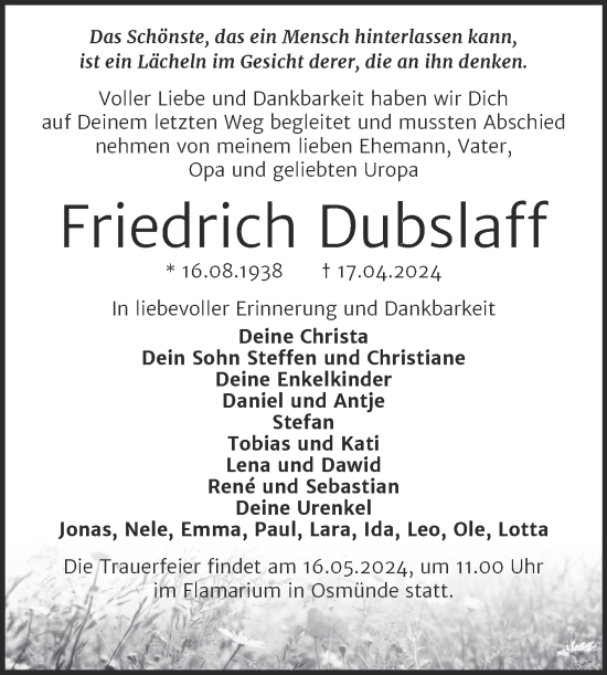 Traueranzeige von Friedrich Dubslaff von Mitteldeutsche Zeitung Halle/Saalkreis
