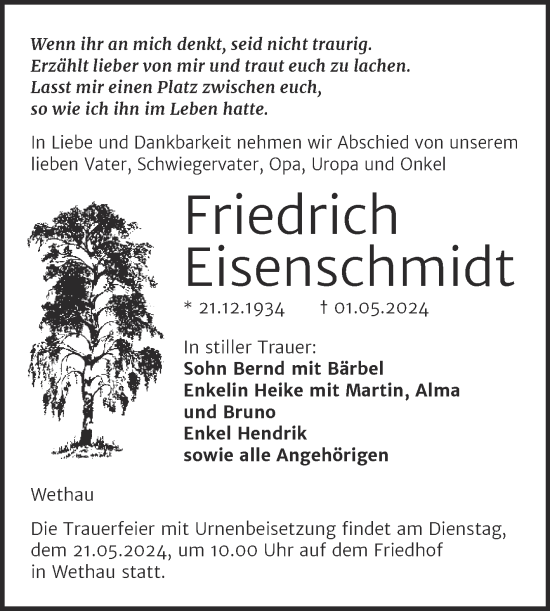 Traueranzeige von Friedrich Eisenschmidt von Naumburger Tageblatt