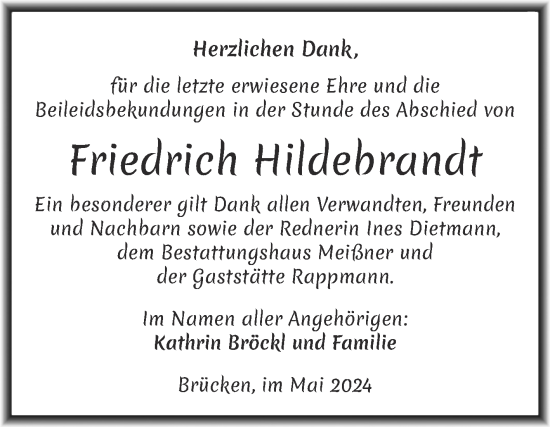 Traueranzeige von Friedrich Hildebrandt von Trauerkombi Sangerhausen