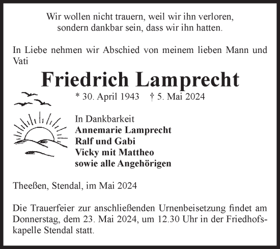 Traueranzeige von Friedrich Lamprecht von Volksstimme Burg/Genthin