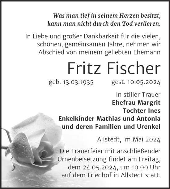 Traueranzeige von Fritz Fischer von Trauerkombi Sangerhausen